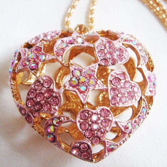 NWT PUFFY  OPENWORK HEART PINK CRYSTALS NECKLACE - Picture 3 of 6